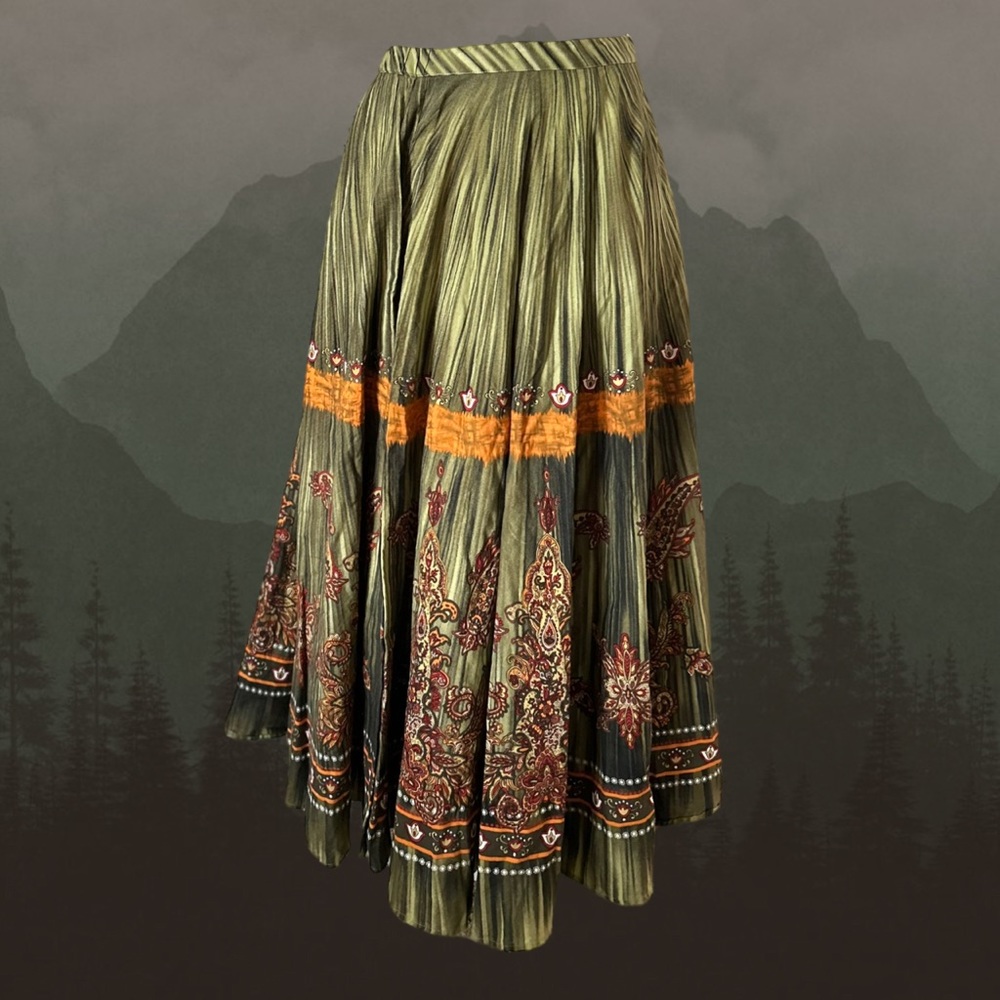 Green Coldwater Creek Boho Paisley, Floral Print Burnt Orange Hippie Maxi Skirt
